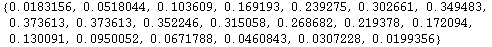 RowBox[{{, RowBox[{0.0183156, ,, 0.0518044, ,, 0.103609, ,, 0.169193, ,, 0.239275, ,, 0.302661 ... 0.172094, ,, 0.130091, ,, 0.0950052, ,, 0.0671788, ,, 0.0460843, ,, 0.0307228, ,, 0.0199356}], }}]